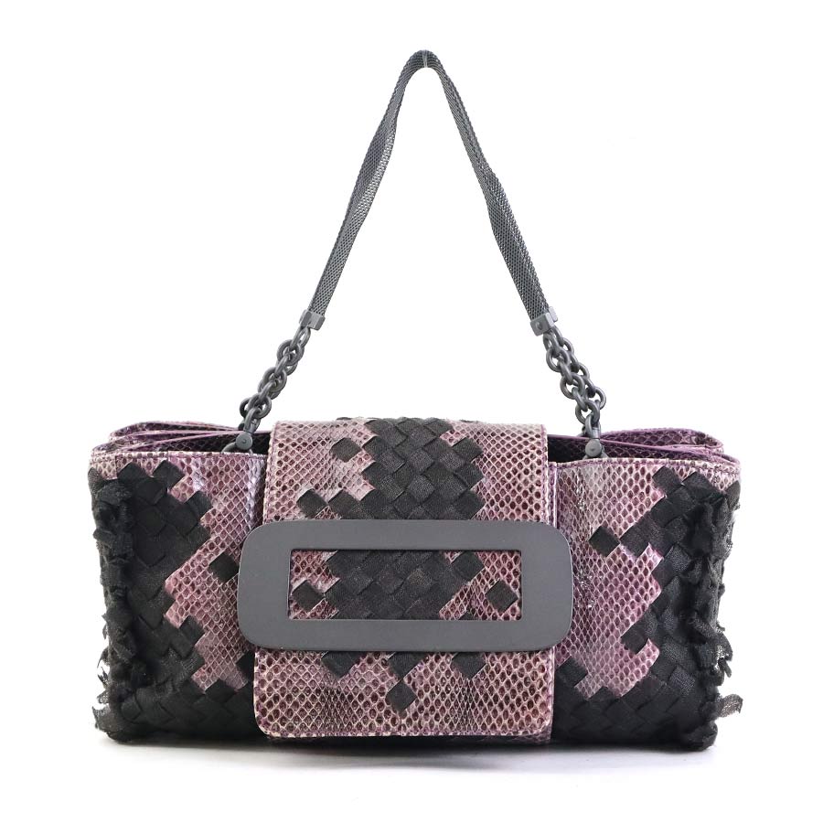 ボッテガヴェネタ BOTTEGAVENETA ハンドバッグ イントレチャート パイソン/ナイロン パープル×ブラック レディース 送料無料【中古】 r10505a