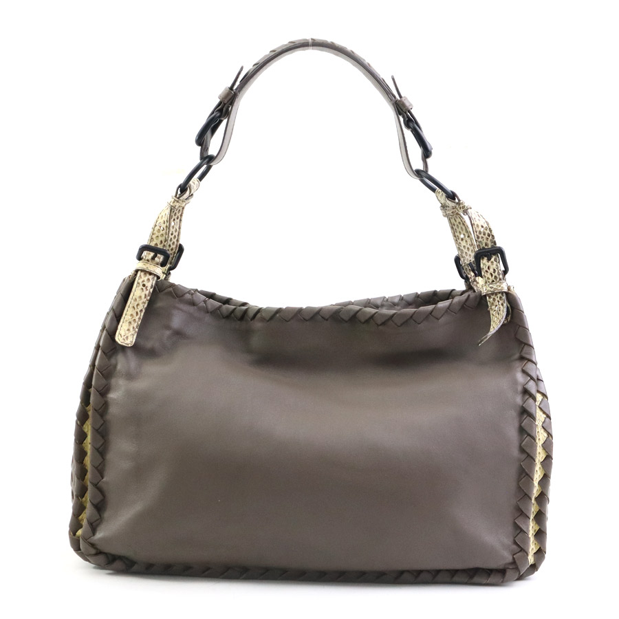 ボッテガヴェネタ BOTTEGAVENETA ハンドバッグ レザー/パイソン ブラウン×ベージュ レディース 送料無料【中古】 90094f