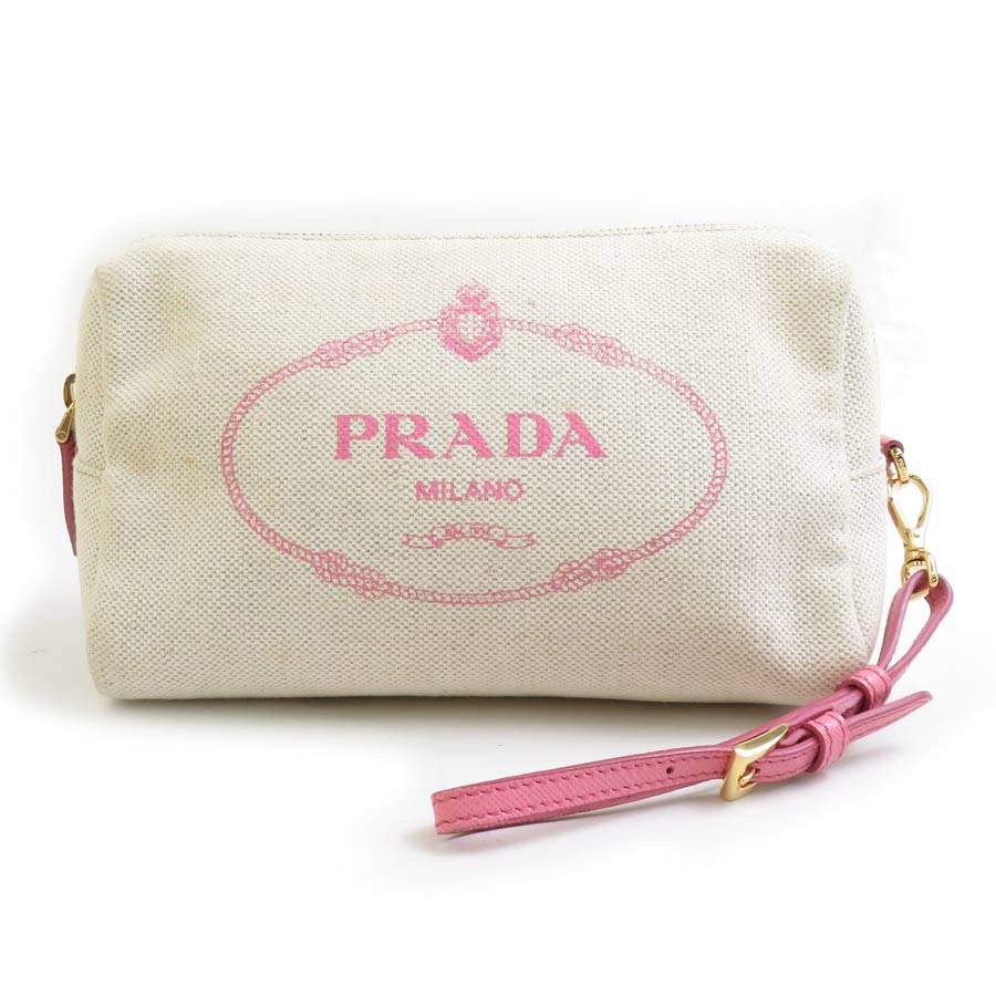 プラダ PRADA 合切袋 帆布 象牙色×サクラ色 ユニ一発やる 貨物輸送無料【中古】 h31251a