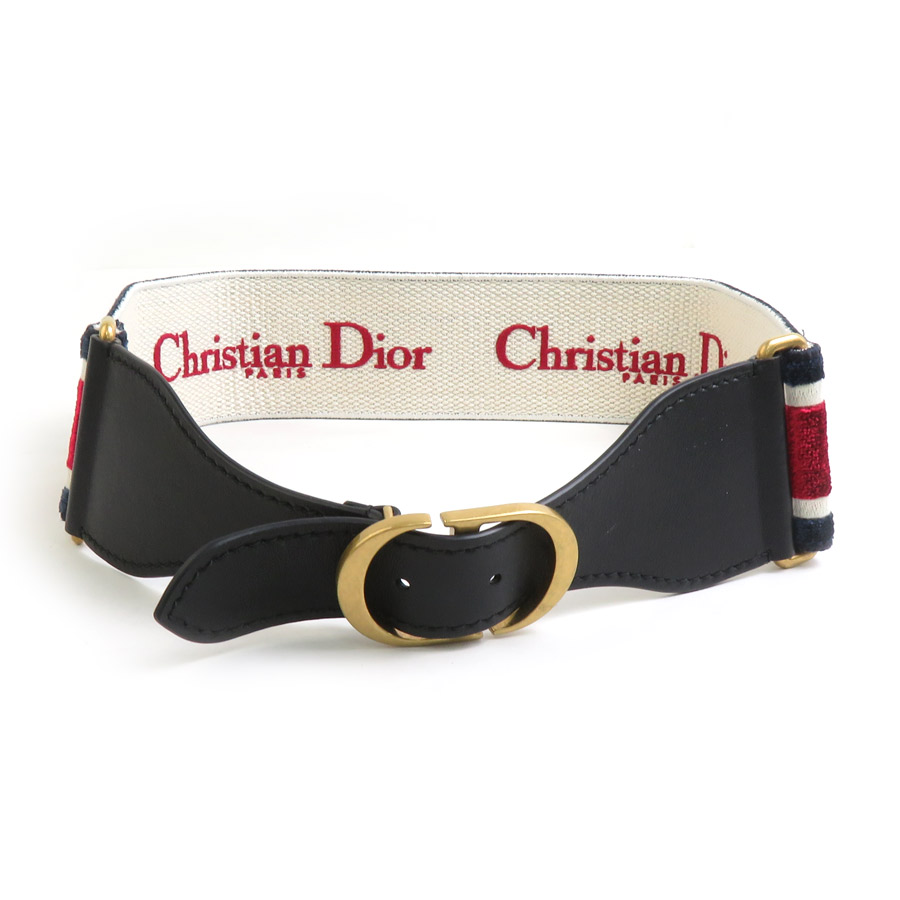 クリスチャンディオール Christian Dior ベルト ベロア/レザー ネイビー/レッド/オフホワイト ゴールド レディース 送料無料【中古】 e60662g｜ブランドバリュー