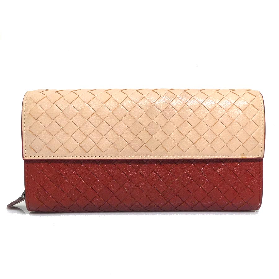 ボッテガヴェネタ BOTTEGAVENETA 長紙入れ イントレチャート なめし革 赤銅色×ベージュ ユニ一発やる 貨物輸送無料【中古】 h31378a