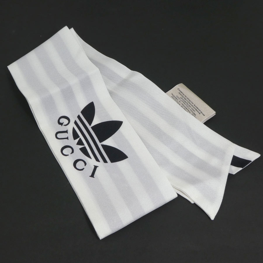 グッチ GUCCI スカーフ adidasコラボ シルク ホワイト×ブラック レディース 送料無料【中古】 h31397a