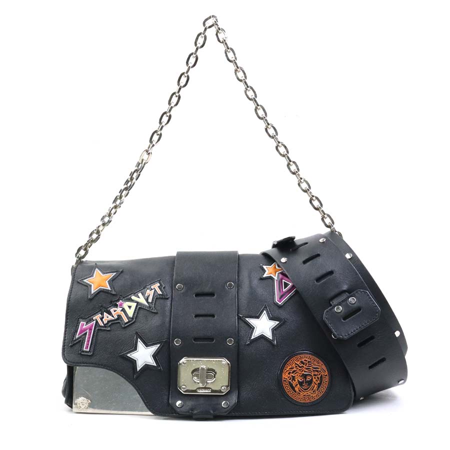 ヴェルサーチ VERSACE 2Wayバッグ ショルダーバッグ レザー ブラック/マルチカラー シルバー レディース 送料無料【中古】 e60735a