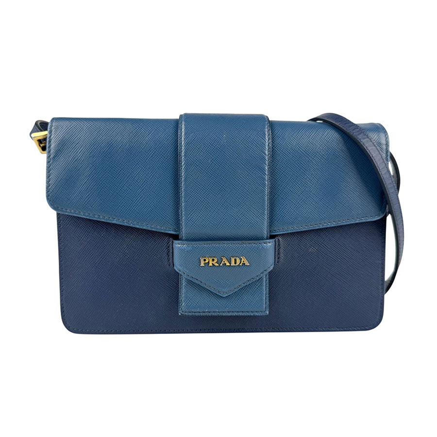 プラダ PRADA 曲がった掛けショルダーバッグ ショルダーウォレット なめし革 青み/米国海軍 ゴールド レディース 貨物輸送無料【中古】 z6722