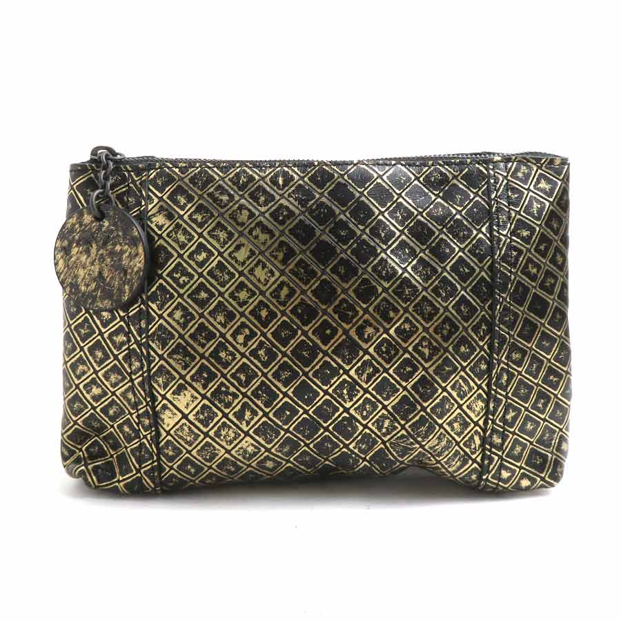 ボッテガヴェネタ BOTTEGAVENETA ポーチ イントレッチオ レザー ゴールド/ブラック レディース 送料無料【中古】 e60878a