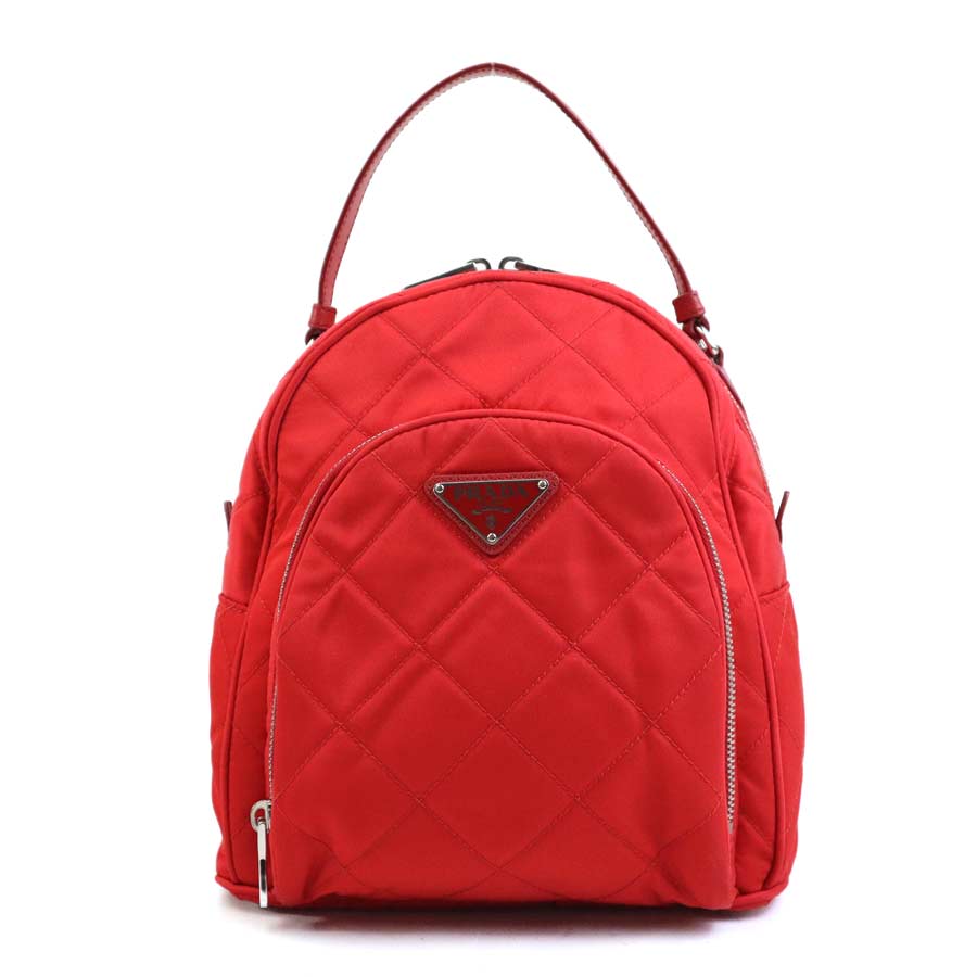 プラダ PRADA 背嚢 キルティング ナイロン/なめし革 赤いこと しろがね色 レディース 貨物輸送無料【中古】 e60915i