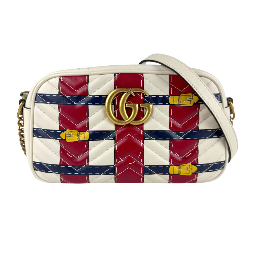 グッチ GUCCI 斜め掛けショルダーバッグ GGマーモント レザー アイボリー/レッド/ネイビー ゴールド レディース 447632 送料無料【中古】 z6943