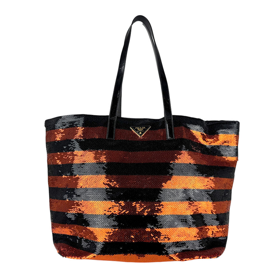 プラダ PRADA ショルダーバッグ トートバッグ スパンコール/パテントレザー ブラック/オレンジ レディース 送料無料【中古】 z7219
