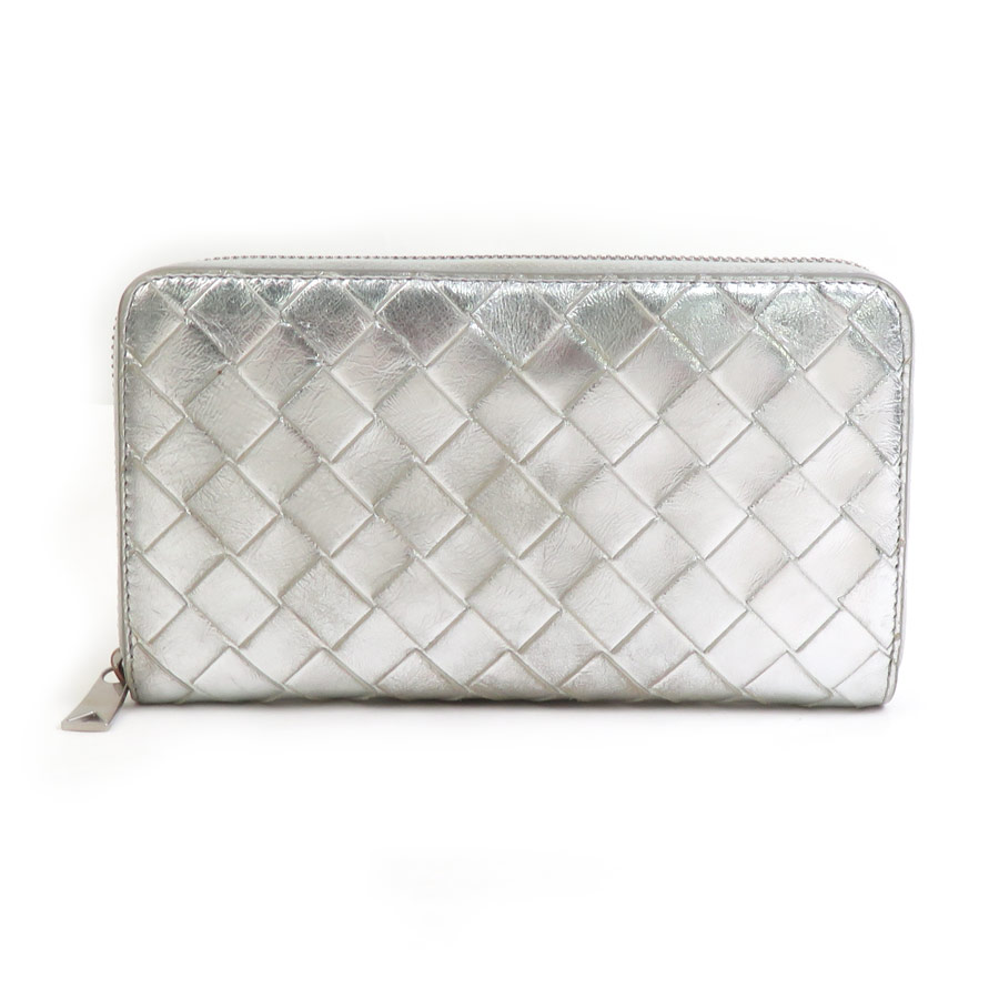 ボッテガヴェネタ BOTTEGAVENETA ラウンドファスナー長財布 イントレチャート レザー シルバー ユニセックス 送料無料【中古】 h31637g