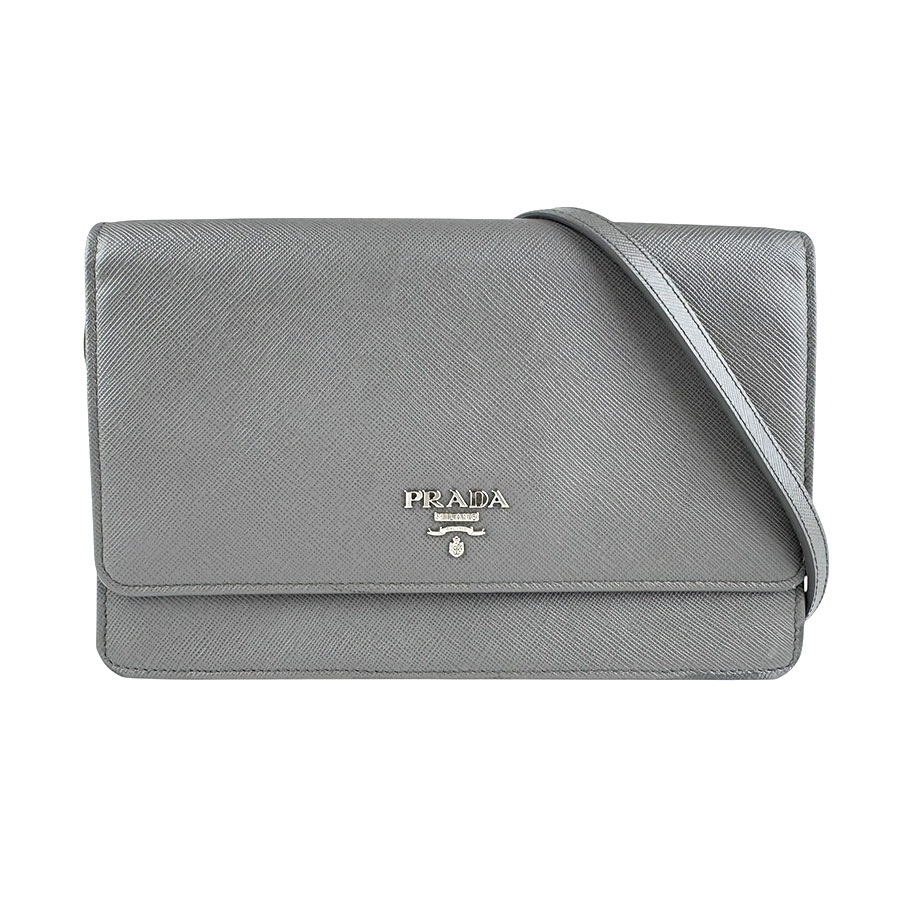 プラダ PRADA 斜め掛けショルダーバッグ ショルダーウォレット レザー グレー シルバー レディース 送料無料【中古】 z7819