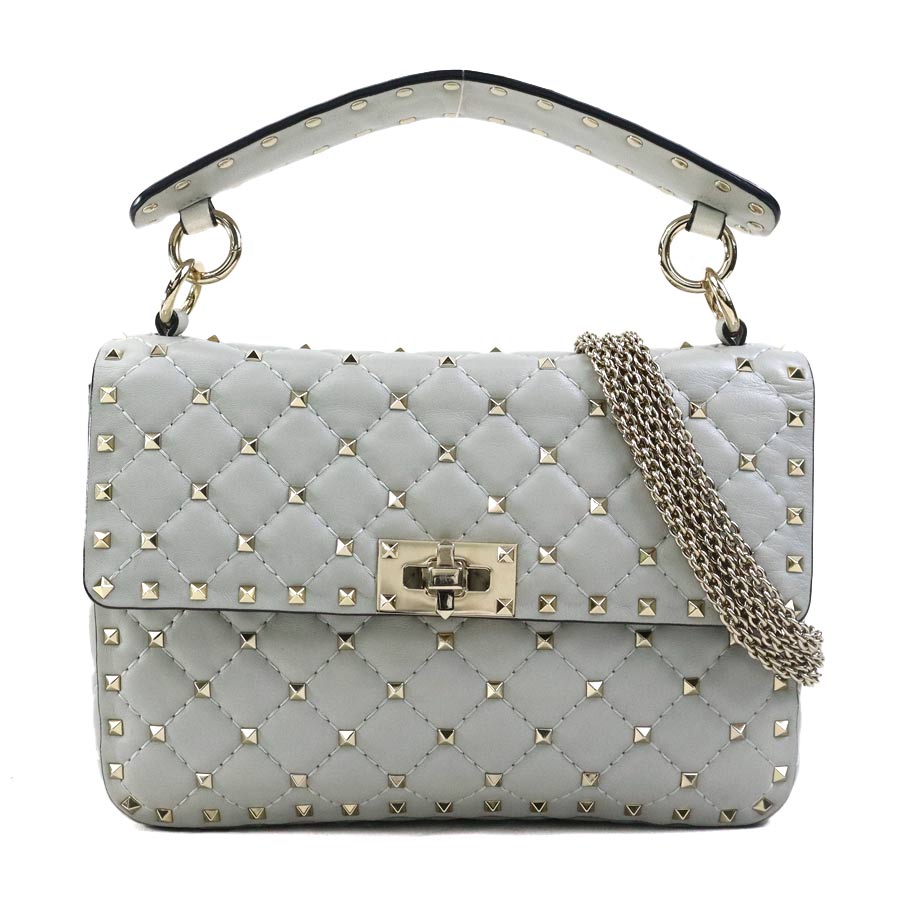 ヴァレンティノ ガラヴァーニ Valentino Garavani ハンドバッグ ショルダーバッグ ロックスタッズ レザー/メタル ライトグレー/ライトゴールド レディース 送料無料【中古】 e61152g