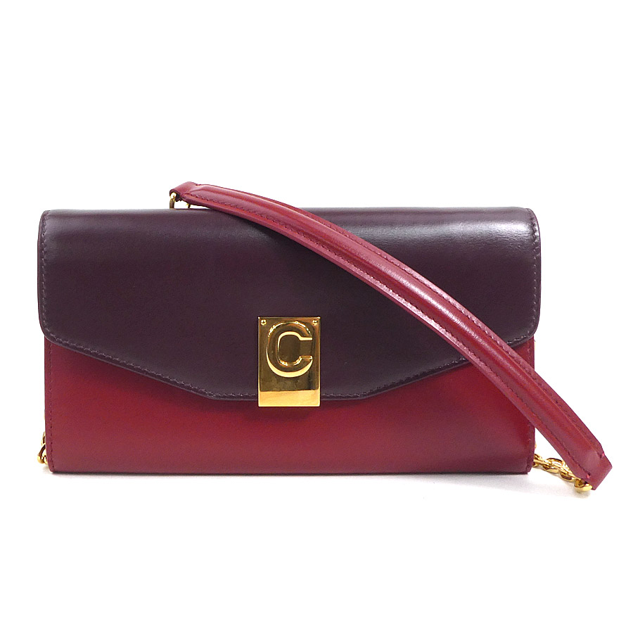 セリーヌ CELINE 長紙入れ チェーンウォレット なめし革 ボルドーワイン×赤いこと レディース 貨物輸送無料【中古】 r10909a