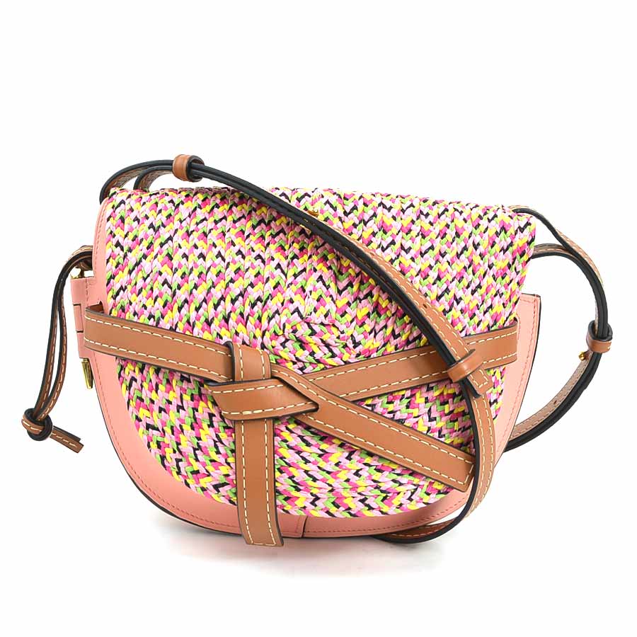 ロエベ LOEWE 曲がった掛けショルダーバッグ 論理ゲート スモール なめし革/ラフィア サクラ色/マルチ色合い ゴールド レディース 貨物輸送無料【中古】 e61236g