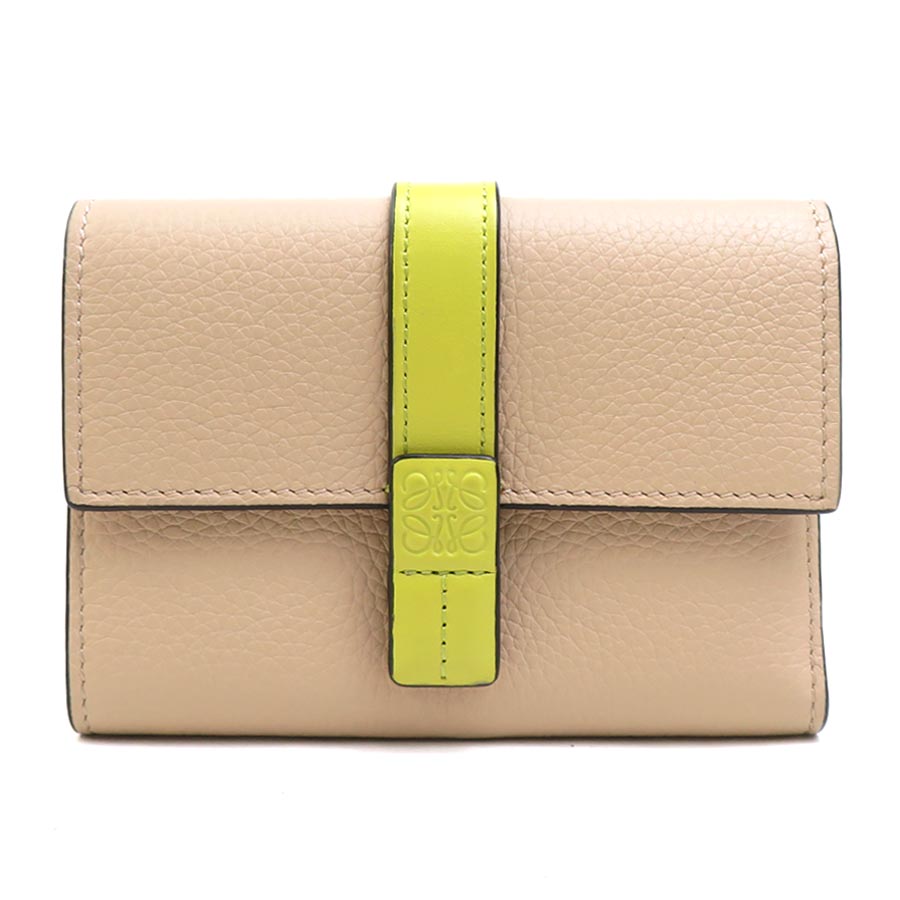 ロエベ LOEWE 三つ折り財布 レザー ベージュ×イエロー レディース 送料無料【中古】 h31857j