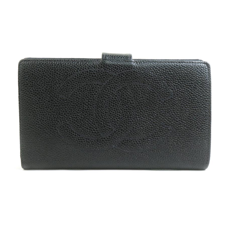 シャネル CHANEL 二つ折り財布 キャビアスキンレザー ブラック ゴールド レディース 送料無料【中古】 e61404a