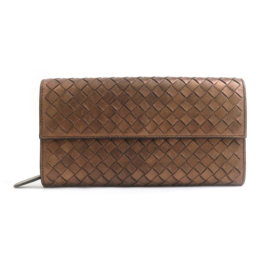 ボッテガヴェネタ BOTTEGAVENETA 長紙入れ イントレチャート なめし革 メタリックブラウン ユニ一発やる 貨物輸送無料【中古】 r10985