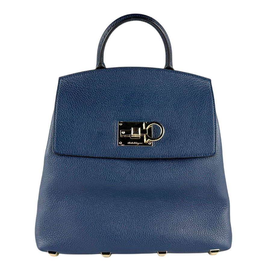 サルヴァトーレフェラガモ Salvatore Ferragamo リュック ガンチーニ レザー ネイビー ゴールド レディース 送料無料【中古】 z8568