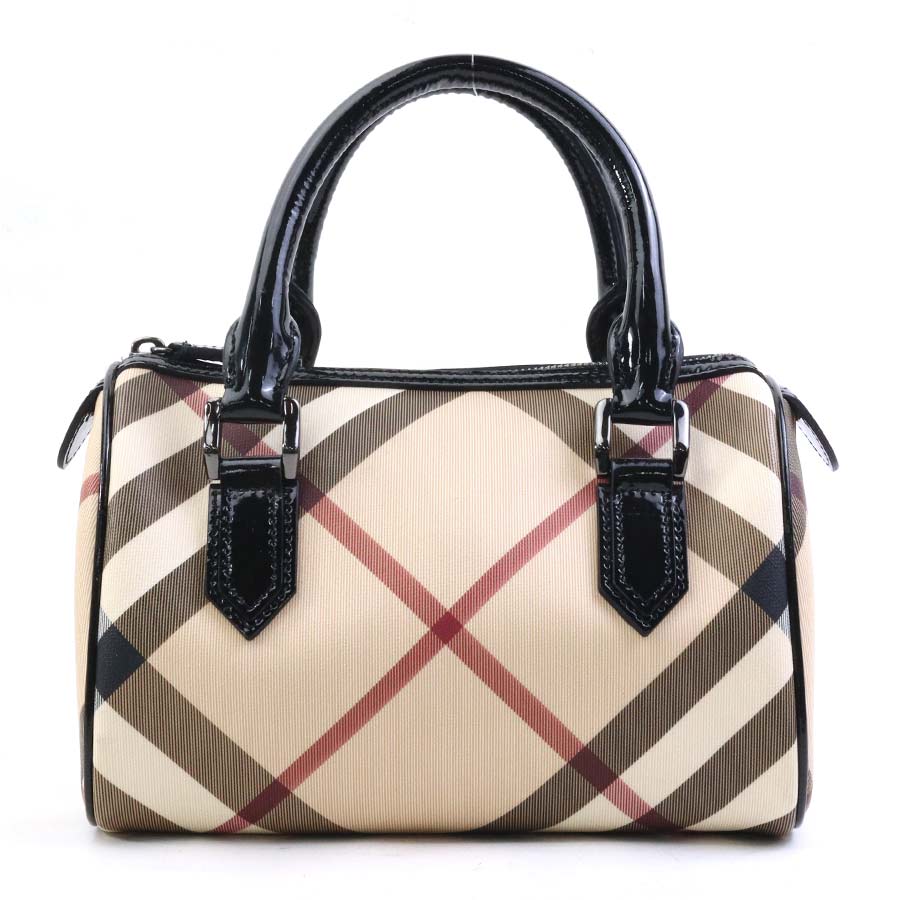 バーバリー BURBERRY ハンドバッグ PVCコーティングキャンバス/パテントレザー ベージュ系&times;ブラック レディース 送料無料【中古】 56552k｜ブランドバリュー