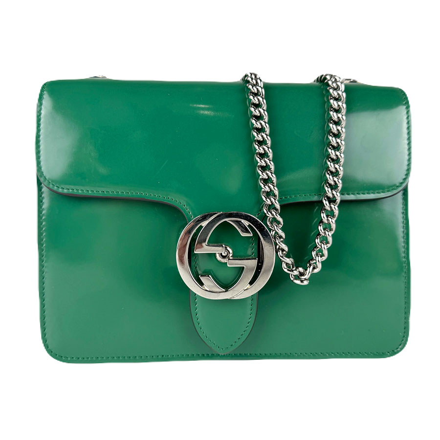 グッチ GUCCI ショルダーバッグ インターロッキングG レザー/メタル グリーン/シルバー レディース 387609 送料無料【中古】 z8749