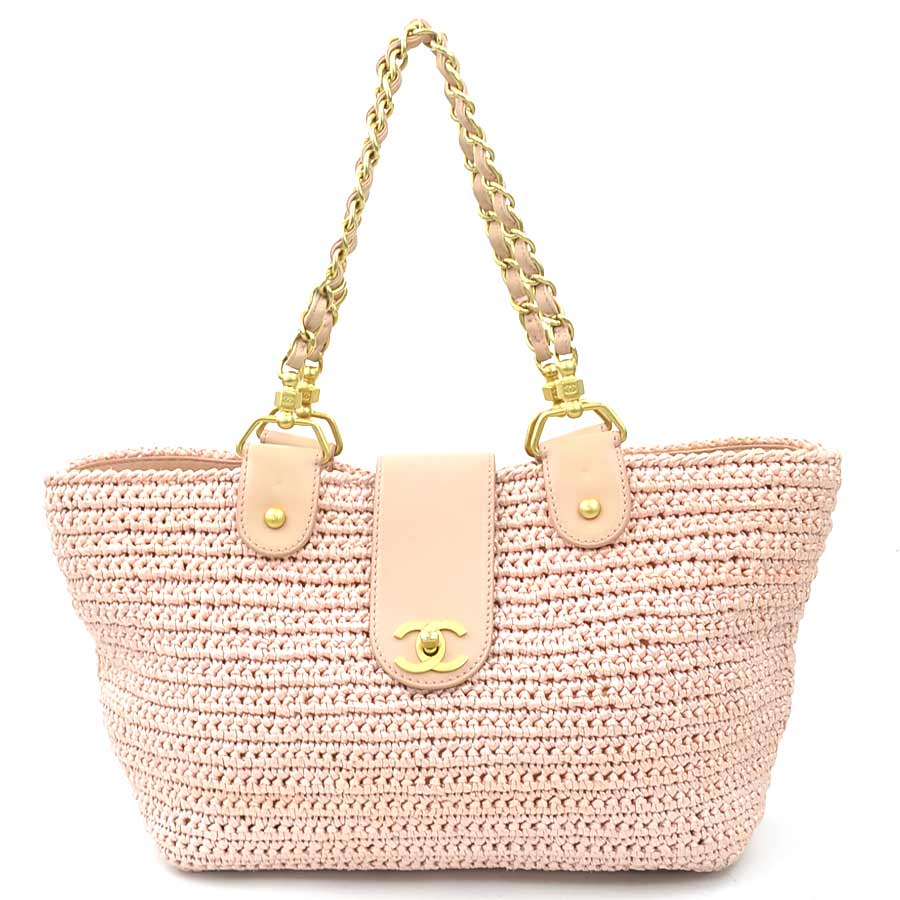 シャネル CHANEL ショルダーバッグ トートバッグ ラフィア/レザー ピンクベージュ ゴールド レディース 送料無料【中古】 e61544k