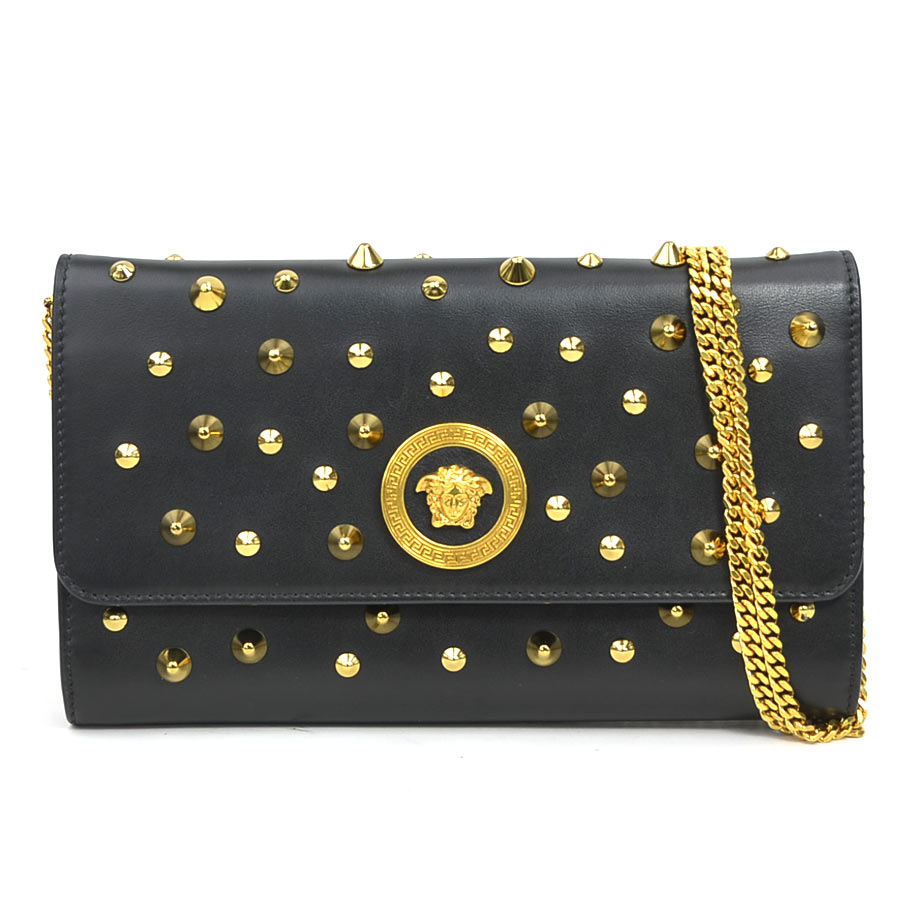 ヴェルサーチ VERSACE チェーンウォレット レザー ブラック レディース 送料無料【中古】 r11074a