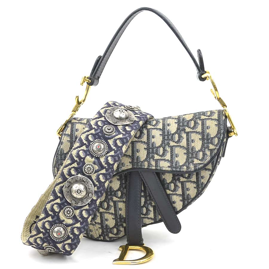 クリスチャンディオール Christian Dior ハンドバッグ ショルダーバッグ サドルバッグ キャンバス/レザー ネイビー レディース 送料無料【中古】 90243a｜ブランドバリュー