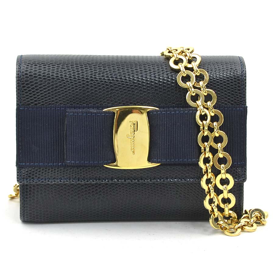 サルヴァトーレフェラガモ Salvatore Ferragamo ショルダーバッグ ヴァラリボン 型押しレザー ネイビー レディース 送料無料【中古】 56652k