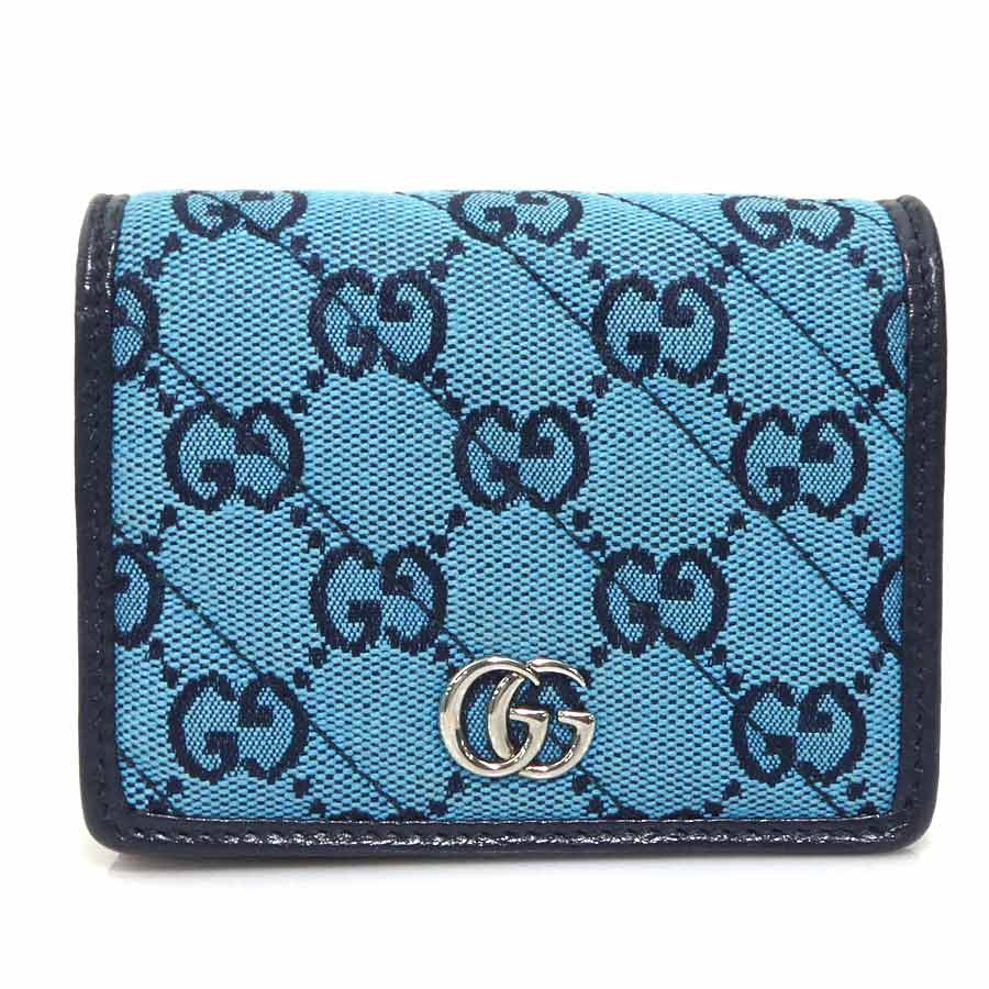 グッチ GUCCI 二つ折り財布 GGマーモント GGキャンバス ブルー/ピンク ユニセックス 466492 送料無料【中古】 h32096a