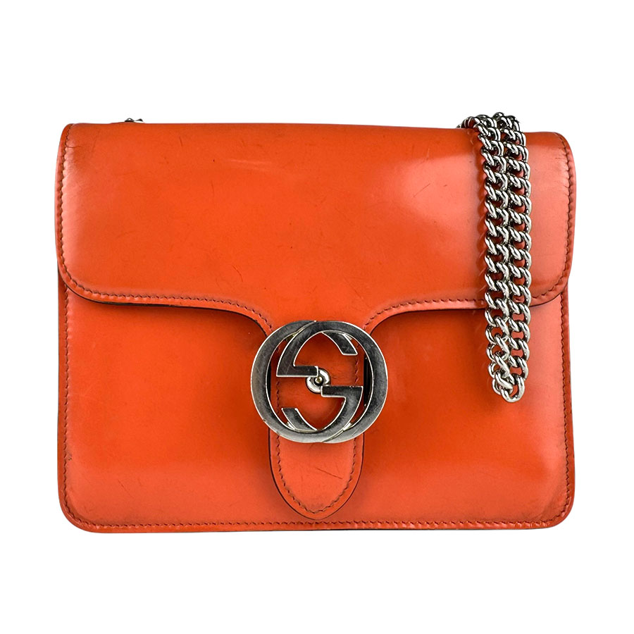 グッチ GUCCI ショルダーバッグ インターロッキングG レザー/メタル オレンジ/シルバー レディース 387609 送料無料【中古】 z9197