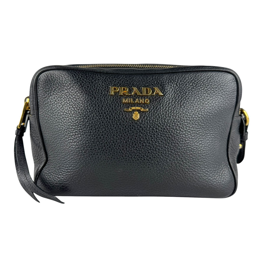 プラダ PRADA 斜め掛けショルダーバッグ レザー ブラック ゴールド レディース 送料無料【中古】 z9205