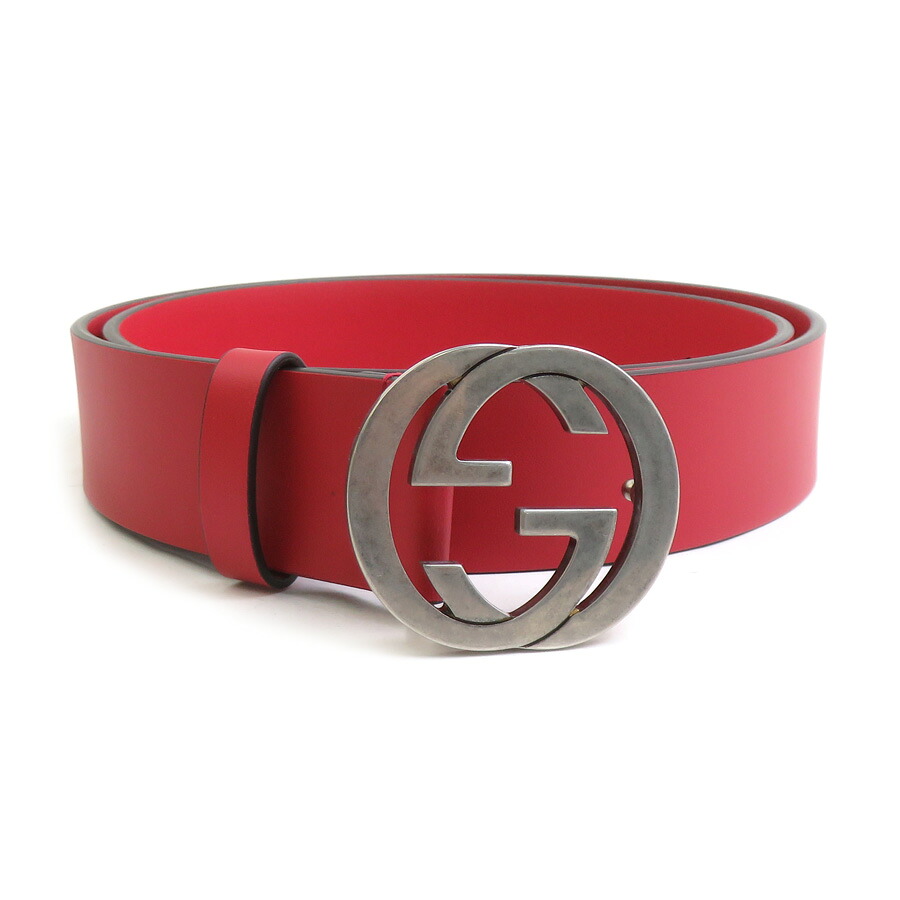 グッチ GUCCI ベルト インターロッキングG レザー/メタル レッド メンズ 546389 送料無料【中古】 h32108k