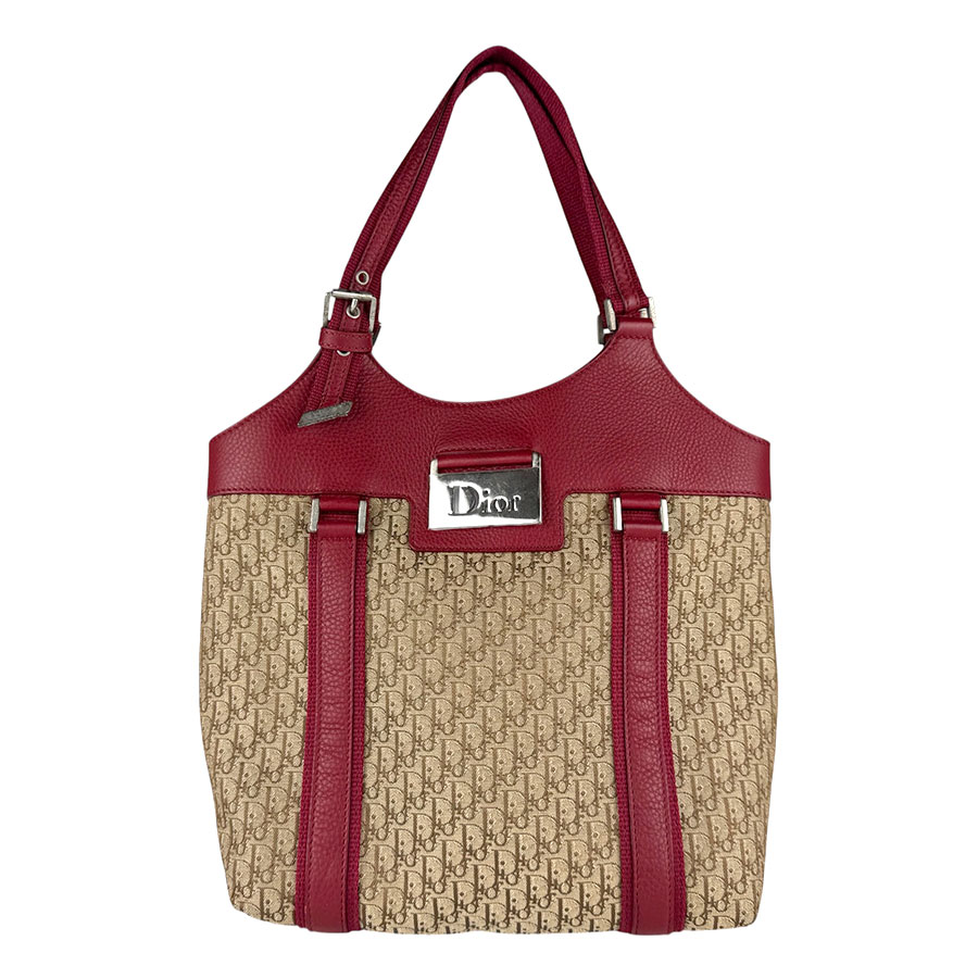 クリスチャンディオール Christian Dior ハンドバッグ レザー/キャンバス レッド/ブラウン レディース 送料無料【中古】 z9180|ブランドバリュー