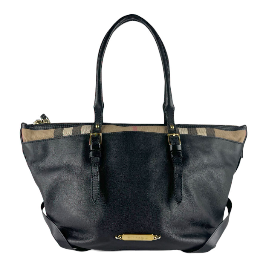 バーバリー BURBERRY トートバッグ レザー/キャンバス ブラック/ブラウン ゴールド レディース 送料無料【中古】 z9236