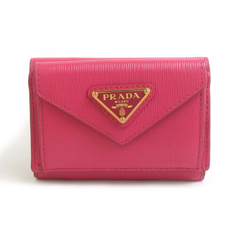 プラダ PRADA 三つ折り紙入れ なめし革 マゼン ゴールド レディース 貨物輸送無料【中古】 e61865a