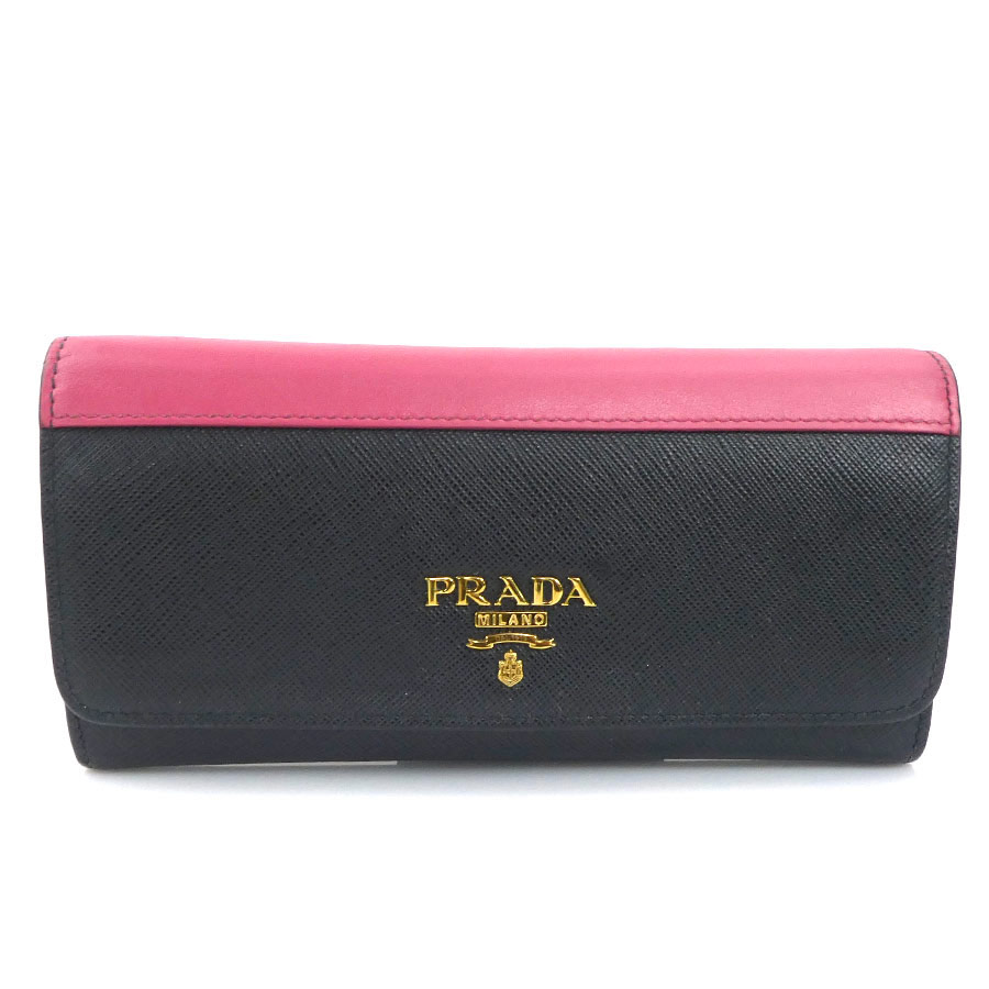 プラダ PRADA 長紙入れ なめし革 黒いこと/サクラ色 ゴールド レディース 貨物輸送無料【中古】 e61903k