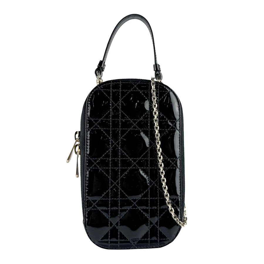 ディオール Christian Dior  電話機合切袋 電話機容れもの レディディオール 専売特許なめし革 黒いこと ゴールド レディース 貨物輸送無料【中古】 z9801