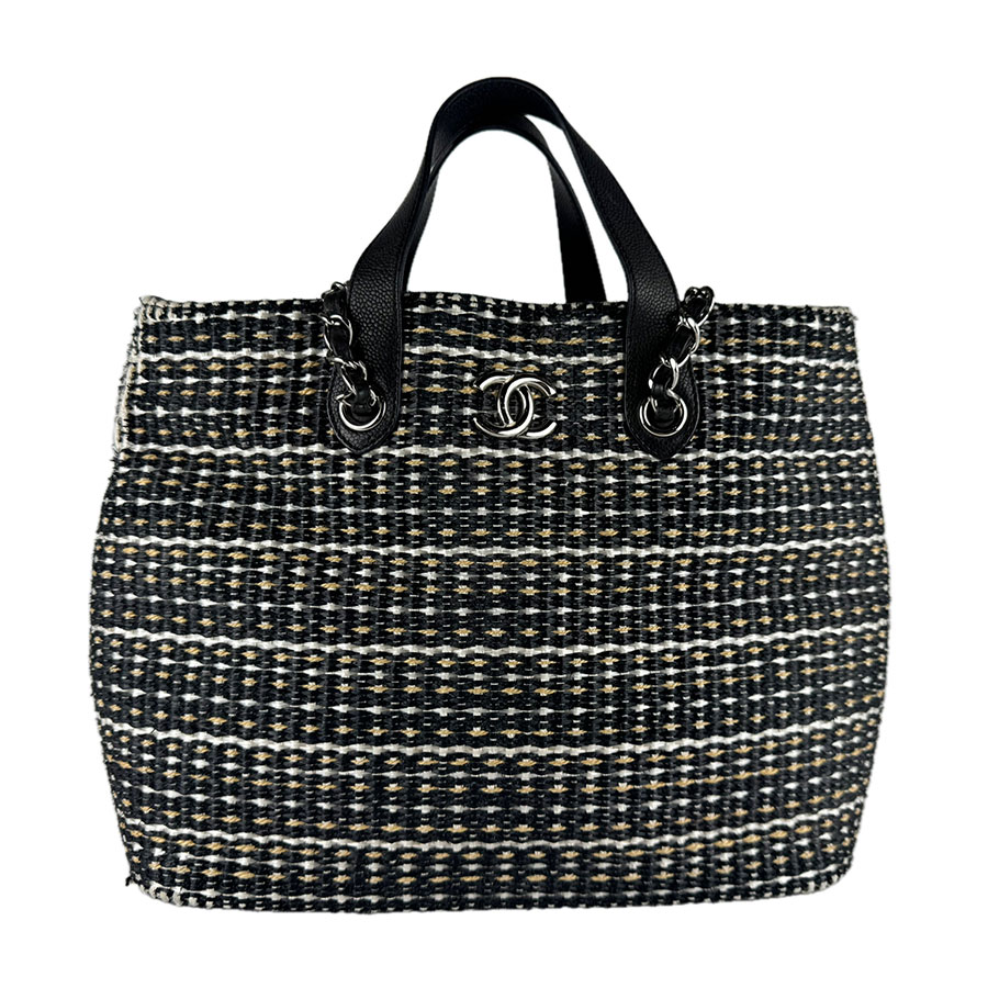 シャネル CHANEL ハンドバック ショルダーバッグ ラフィア 黒いこと/白いこと/ベージュ しろがね色 レディース 貨物輸送無料【中古】 z9981