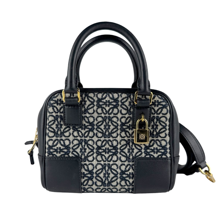 ロエベ LOEWE ハンドバック ショルダーバッグ アマソナ19 なめし革/ジャガードキャンバス 米国海軍/黒いこと ゴールド レディース 貨物輸送無料【中古】 z9905