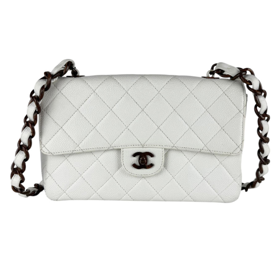 シャネル CHANEL ショルダーバッグ キャビアスキンレザー/ウッド ホワイト/ブラウン レディース 送料無料【中古】 z10075｜ブランドバリュー