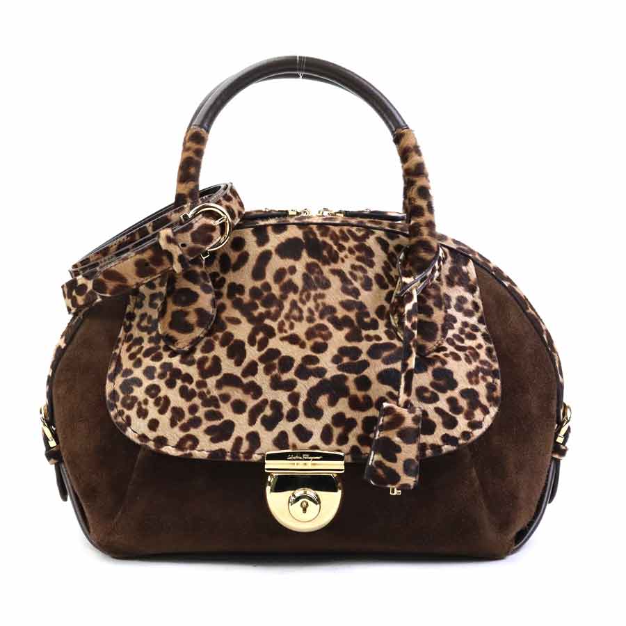サルヴァトーレフェラガモ Salvatore Ferragamo ハンドバッグ ショルダーバッグ レオパード スエード/ハラコ ブラウン ゴールド レディース 送料無料【中古】 e62021k|ブランドバリュー