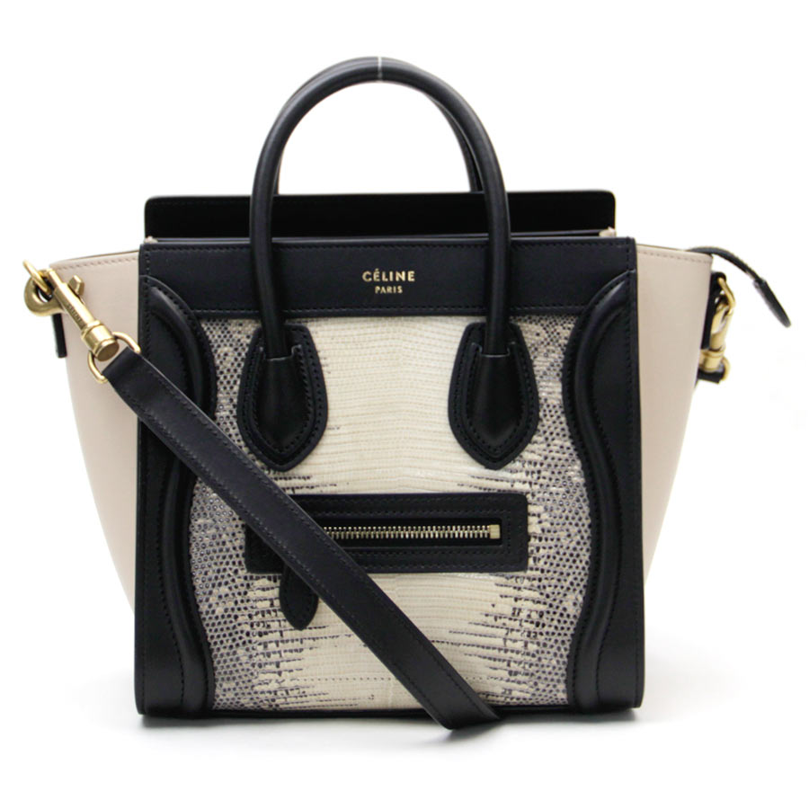 Celine 2way Bag Luggage Nano Per Beige X Black Lizard Leather Handbag Shoulder Lady S New Article B10087