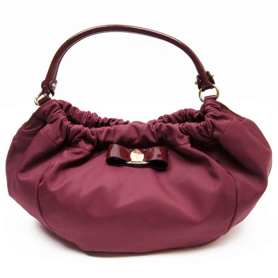 Salvatore Ferragamo Handbag Ribbon Bordeaux X Gold Nylon Patent Leather Lady S T14443