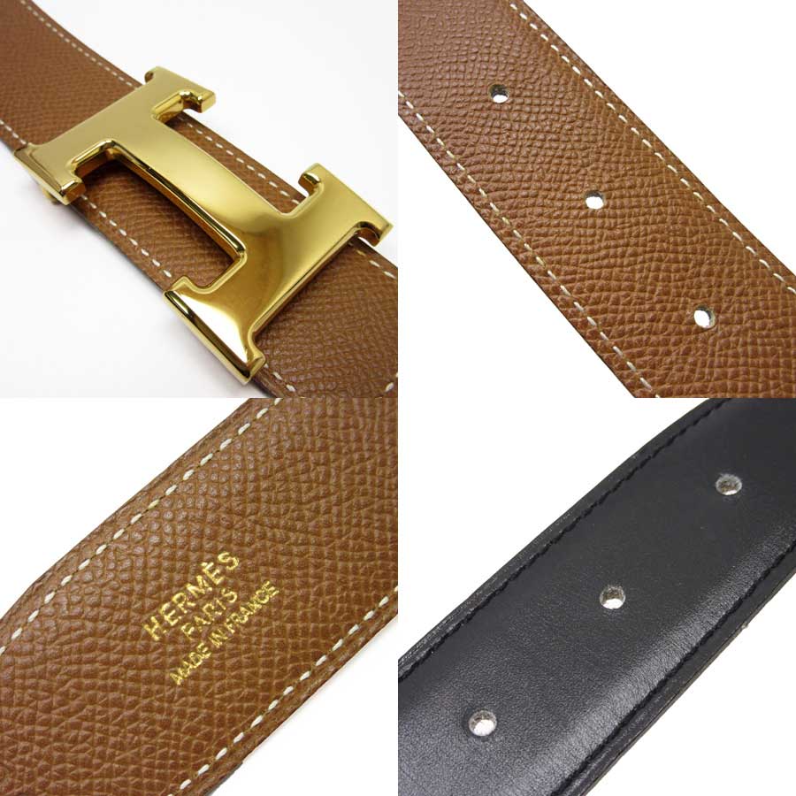 BrandValue: Hermes HERMES belt (70) Constance black x brown x gold leather x metal material Lady ...