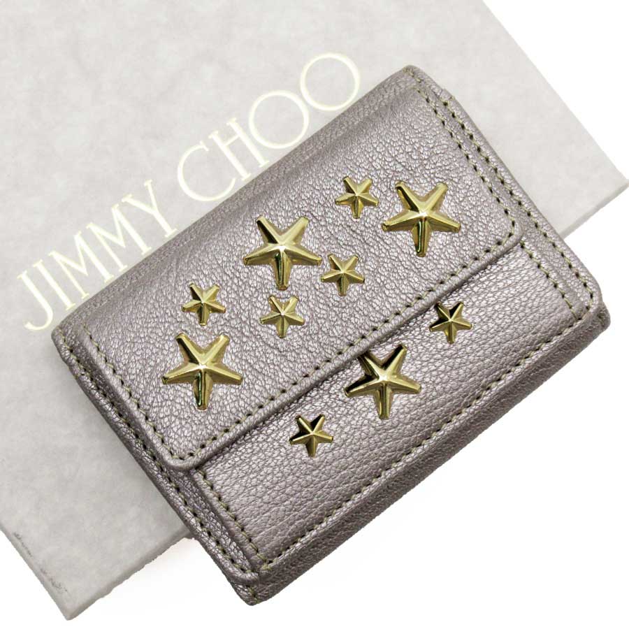 三つ折り財布 レザーxスタッズ グレー系メタリックxゴールド Choo 中古 おすすめ レディース財布 中古 ジミーチュウ スタースタッズ ジミーチュウ G72e Jimmy Choo 三つ折り財布 スタースタッズ グレー系メタリックxゴールド レザーxスタッズ 中古