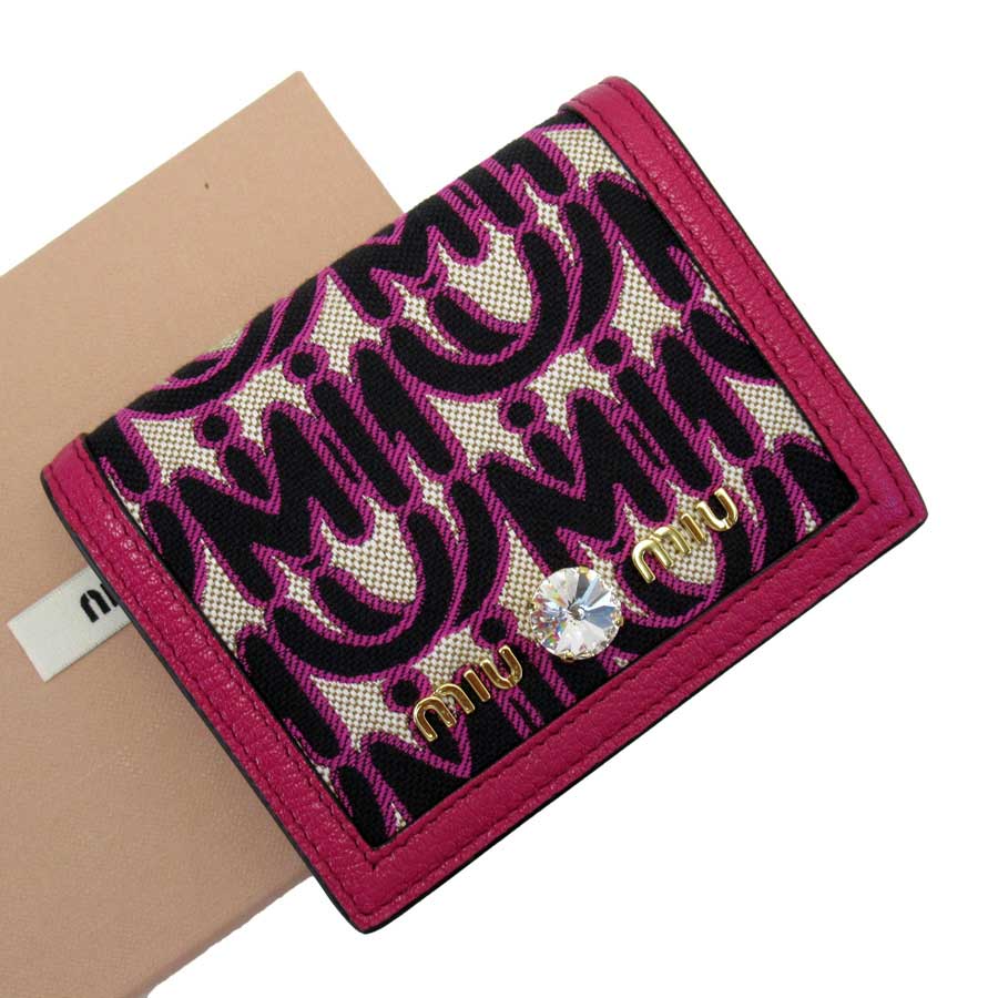 ミュウミュウ Miumiu 二つ折り財布 ピンク系 キャンバスxレザーxラインストーン 中古 定番人気 Hf Meguiars Com Do