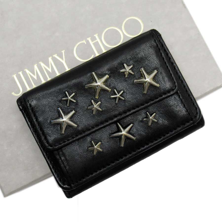 ジミーチュウ JIMMY CHOO 三つ折り財布 スタースタッズ ブラックxシルバー レザーxスタッズ 【中古】【定番人気】 - t17676a|ブランドバリュー