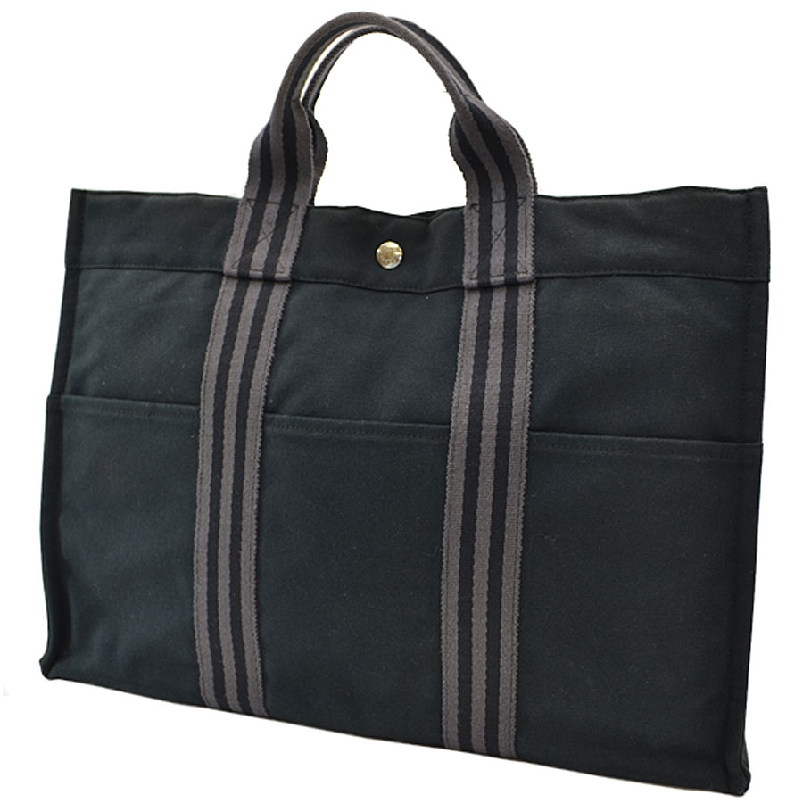 Brandvalue Hermes Tote Bag Fool Toe Mm Black X Gray Cotton Basic Pority Used 100 Of Hermes Fool Toe Mm Tote Bag Handbag Lady S Men Black X Gray Cotton