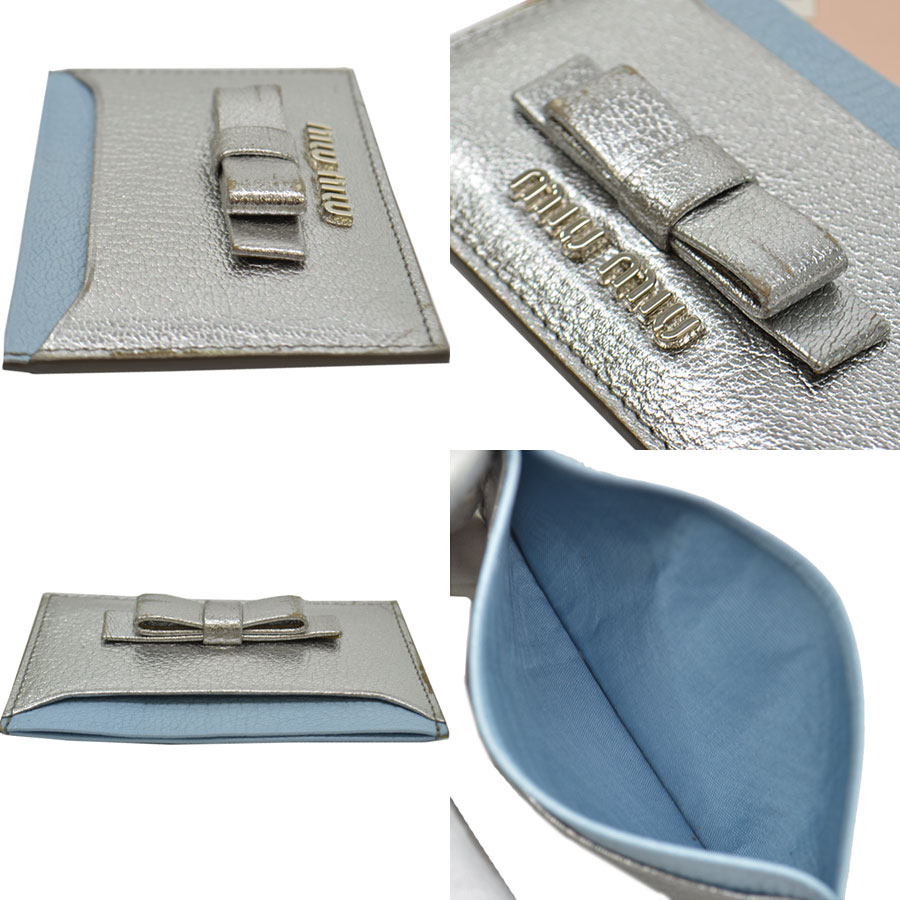 ミュウミュウ Miumiu カードケース シルバー ブルー レザー パスケース 名刺入れ レディース 中古 定番人気 R8445f Christine Coppin Com