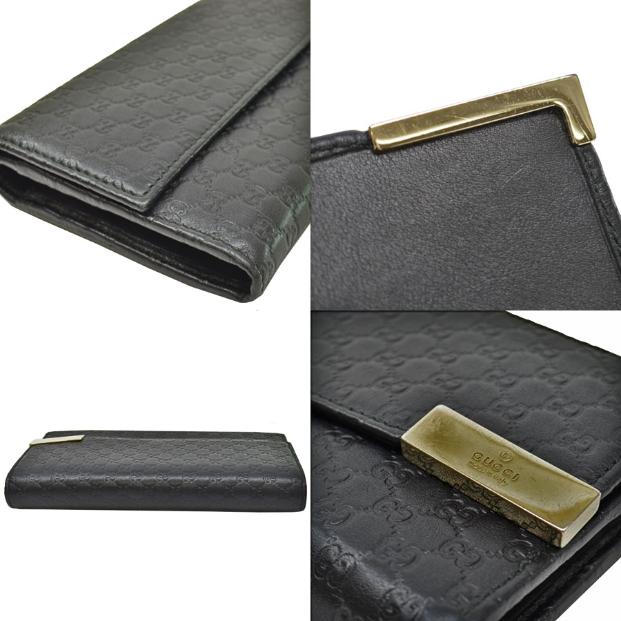 新しい グッチ S0708 中古 定番人気 レディース マイクログッチシマレザーx金属素材 ブラックxゴールドカラー マイクログッチシマ 長財布 二つ折り Gucci レディース財布