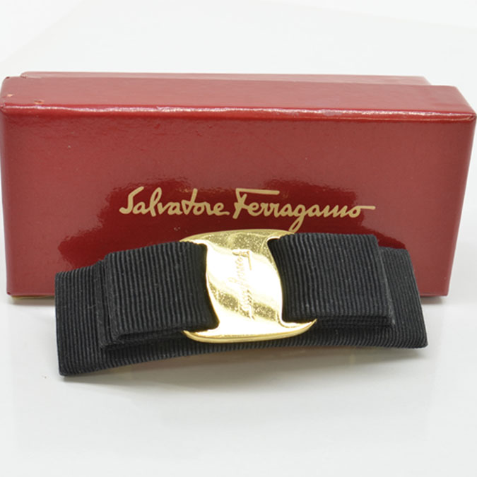 サルヴァトーレフェラガモ Salvatore Ferragamo バレッタ ヴァラリボン ブラック ゴールド キャンバス 金属素材 ヘアアクセサリー 髪留め レディース 中古 定番人気 R84f Medfited Org